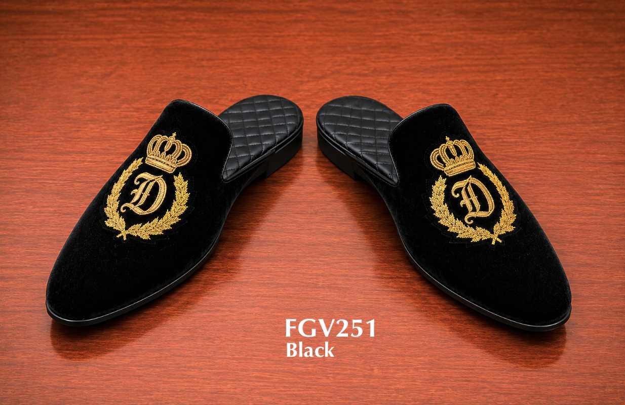 Custom monogram regal crown emblem velvet mule slippers