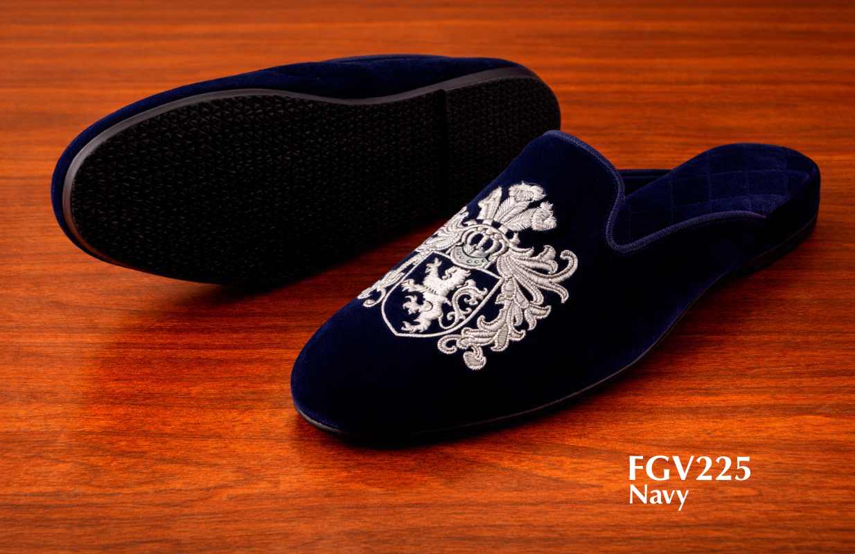 family crest navy silver velvet mule slippers