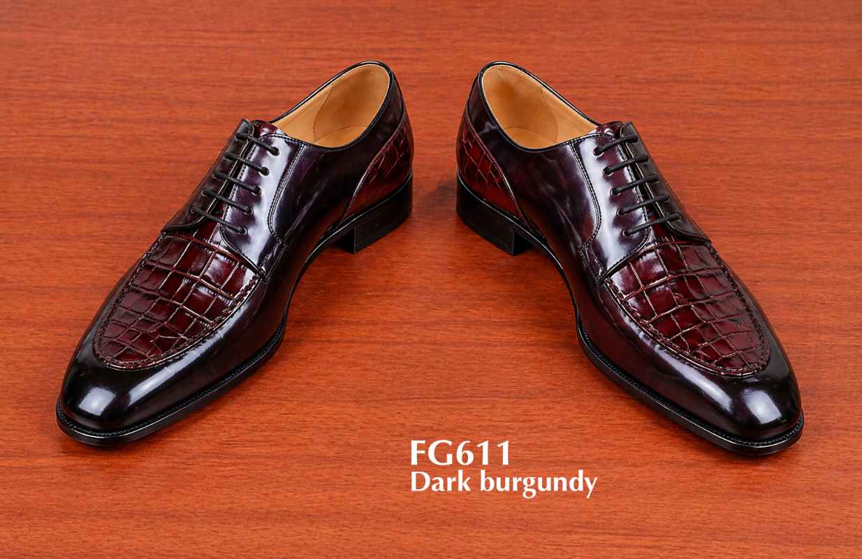 Burgundy crocodile embossed leather oxford shoes for men