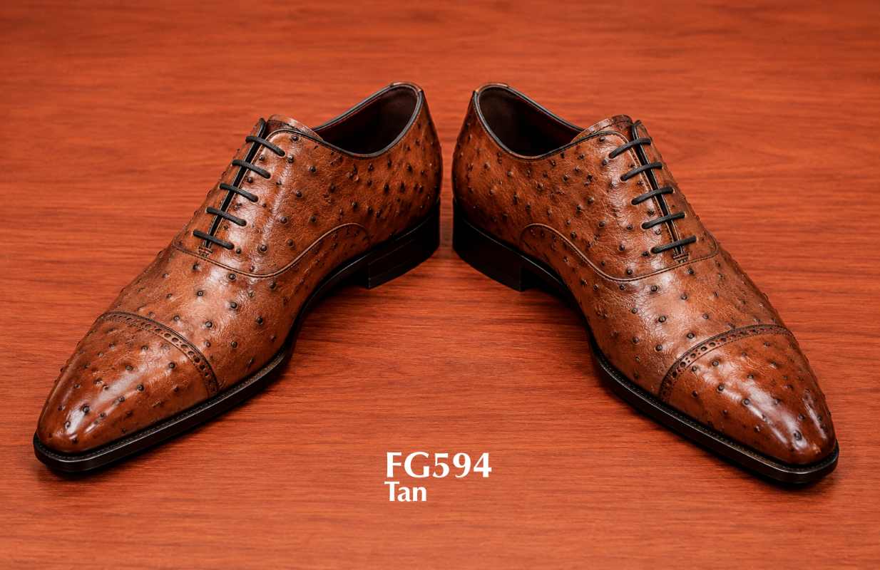 Tan Full Quill Ostrich Leather Oxford Cap Toe Shoes