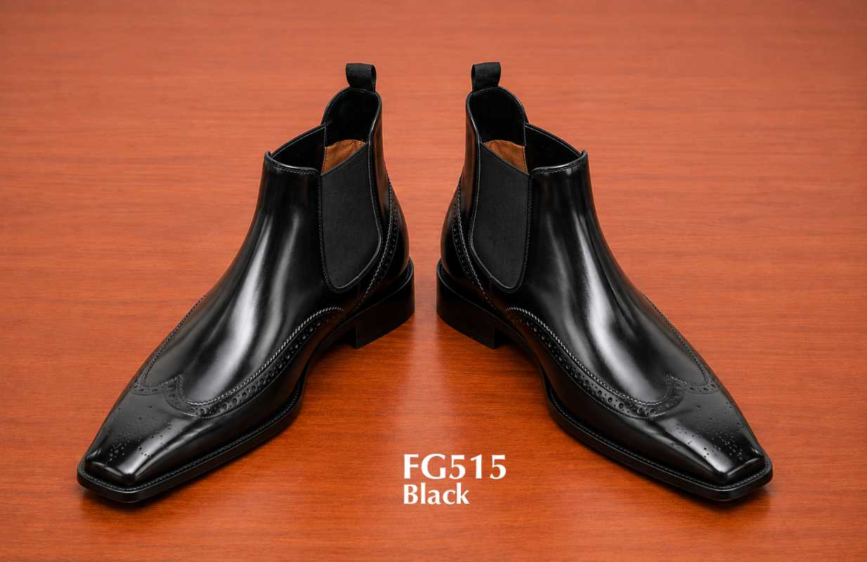 black ankle wingtip square-toe chelsea boots