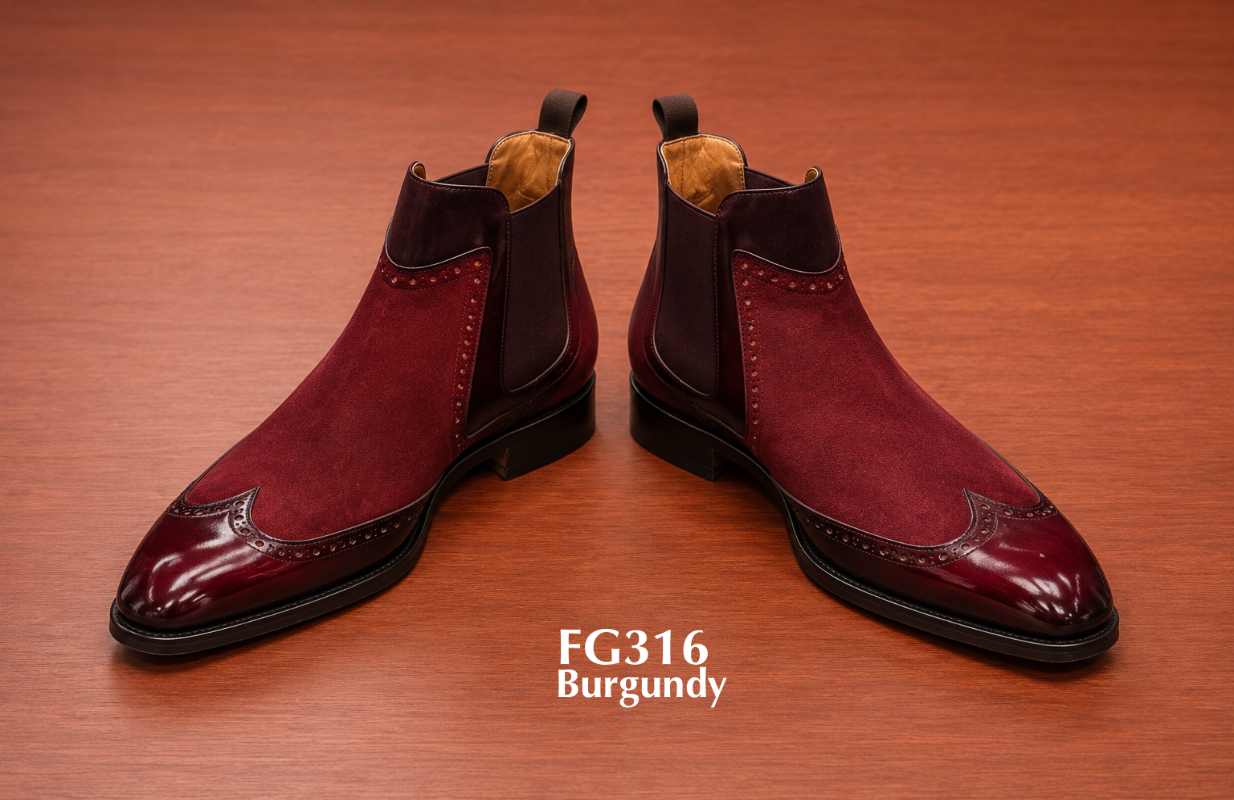 burgundy suede designer wingtip chelsea boots