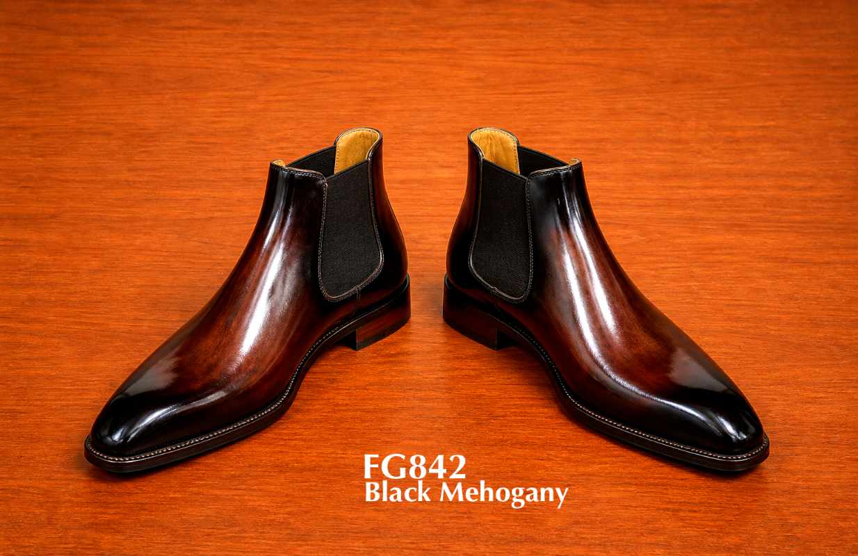 Customized mahogany patina leather Chelsea boots