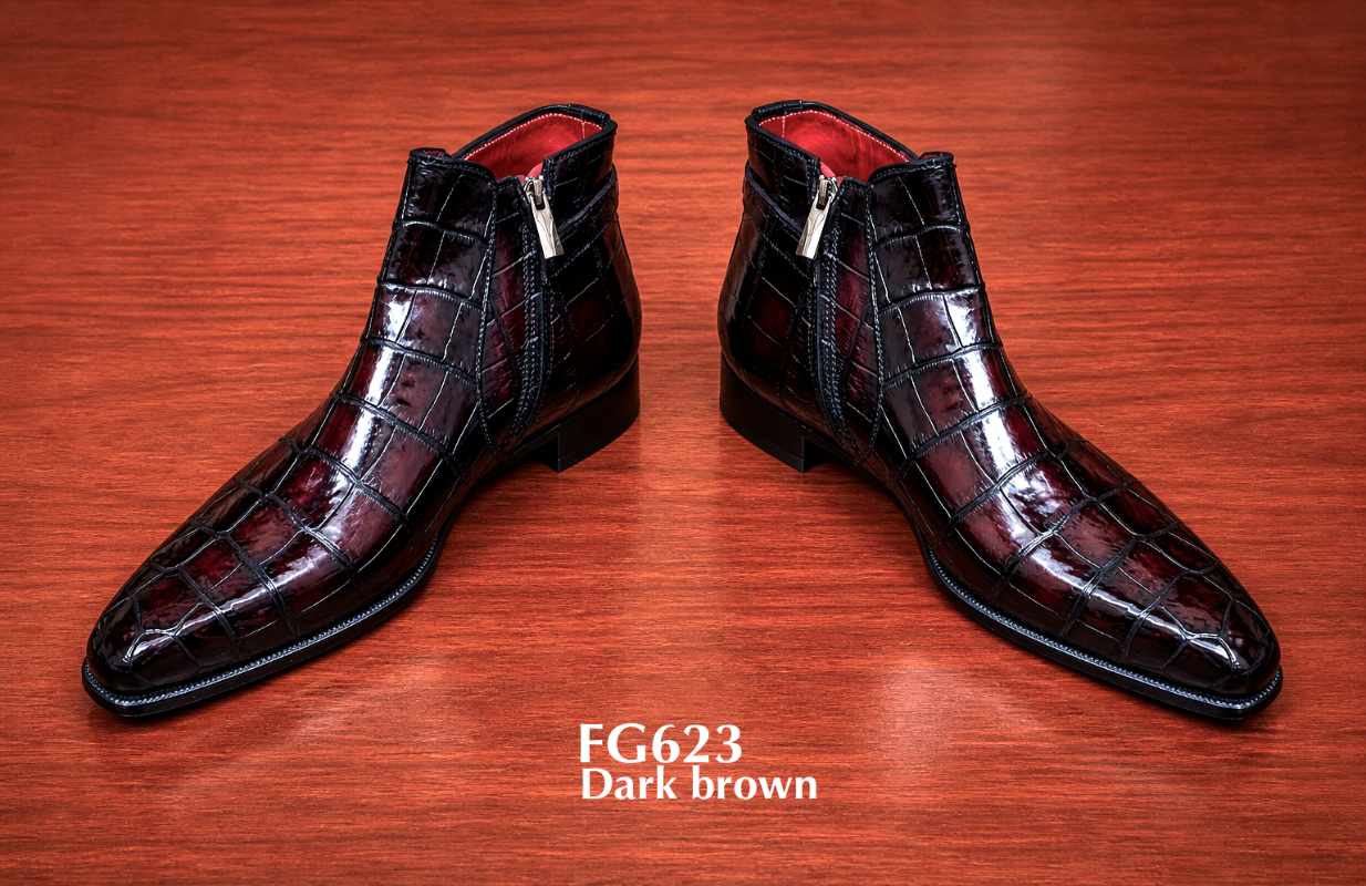 men’s dark brown crocodile leather ankle boots pointed toe