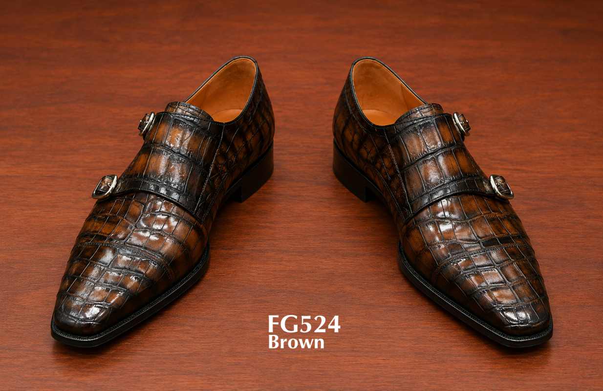Brown Double Monk Strap Crocodile Embossed Leather Dress Shoes