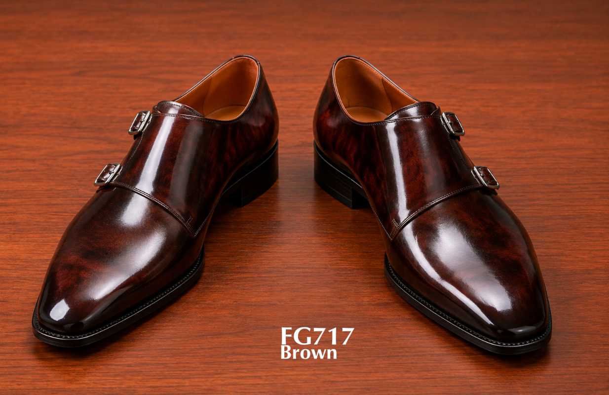 Classic double buckle glossy brown shoes