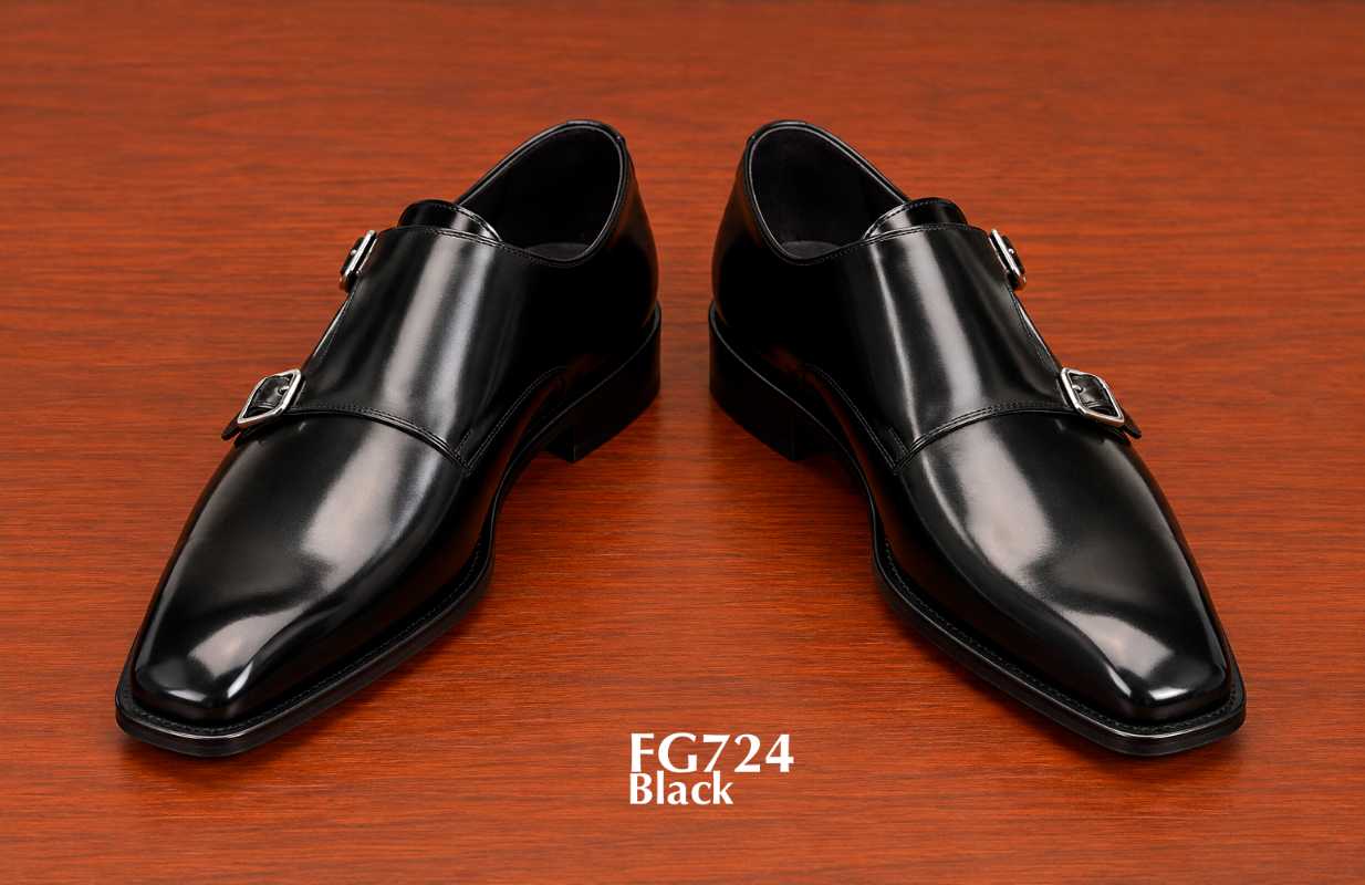 genuine black double monk strap square toe shoes