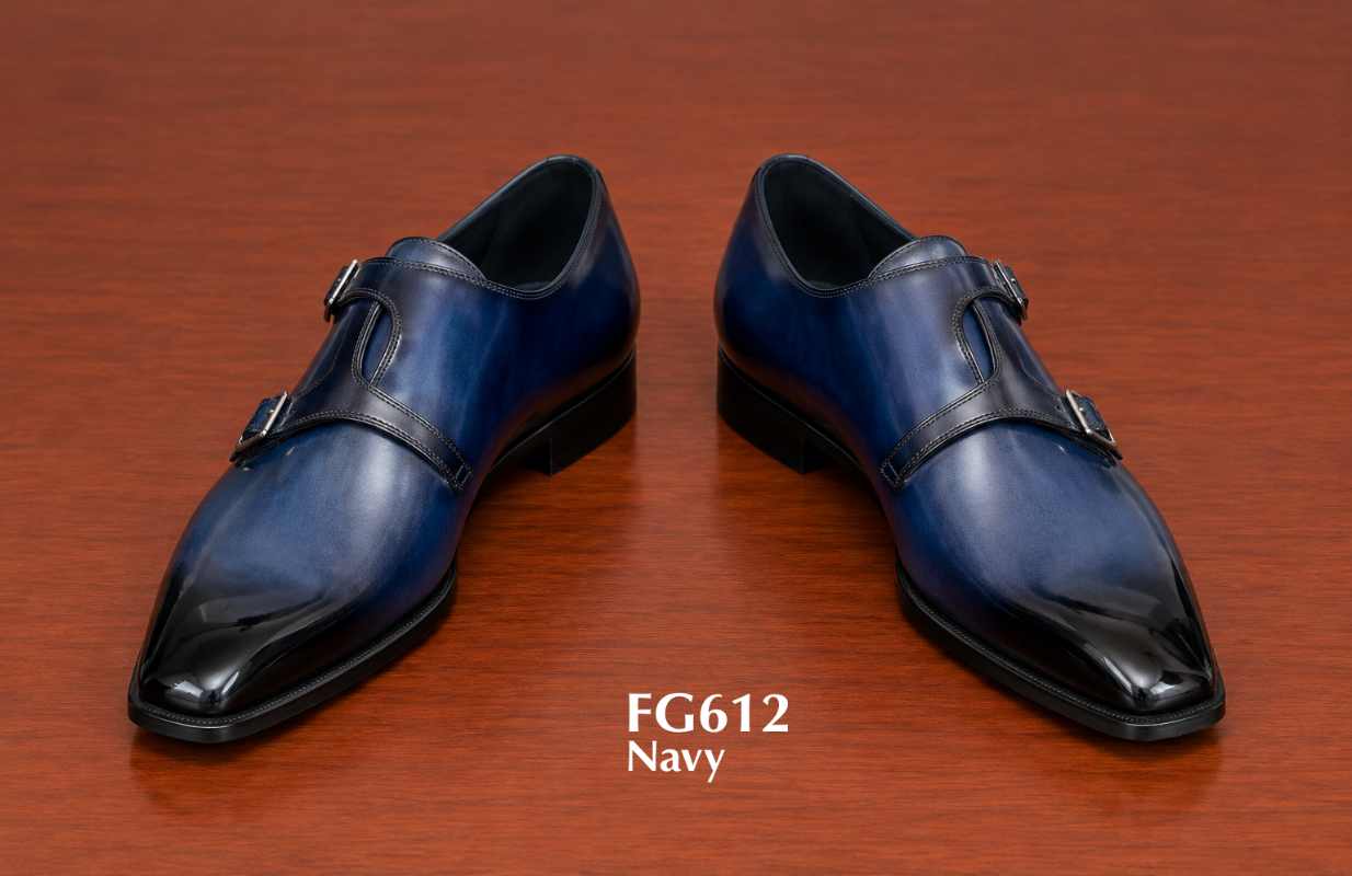 mirror shine toe italian style navy monk shoes
