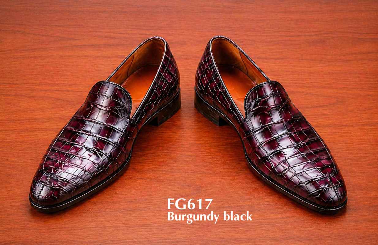 Burgundy Crocodile Embossed Leather Loafers