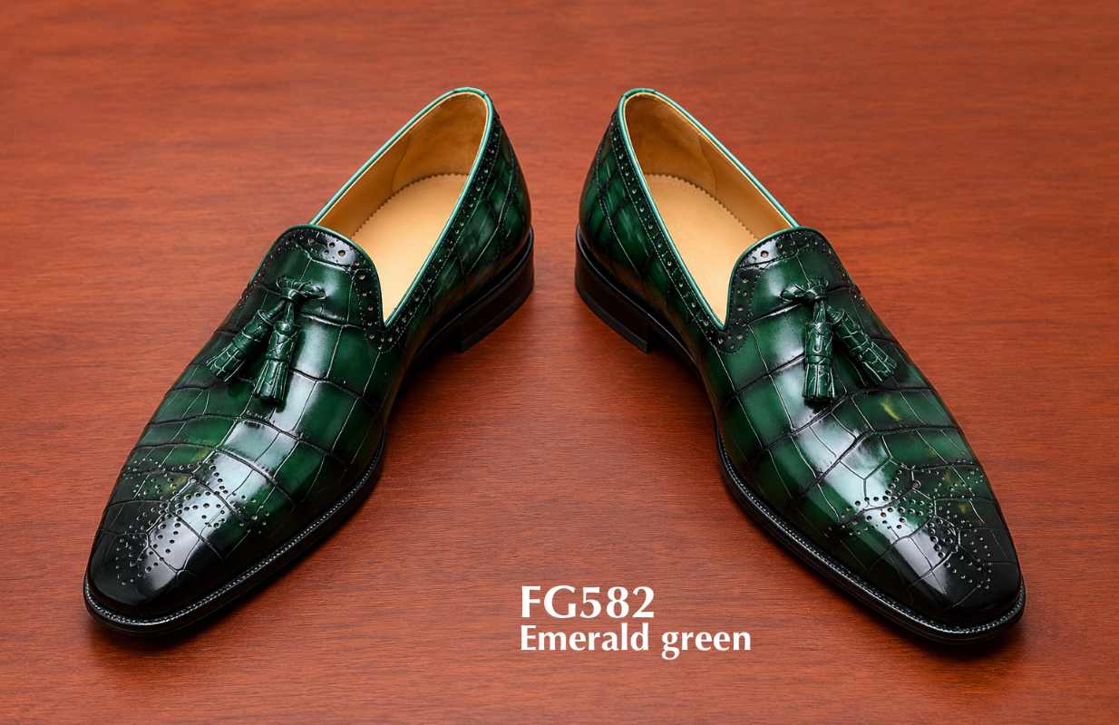 Emerald green alligator leather tassel loafers