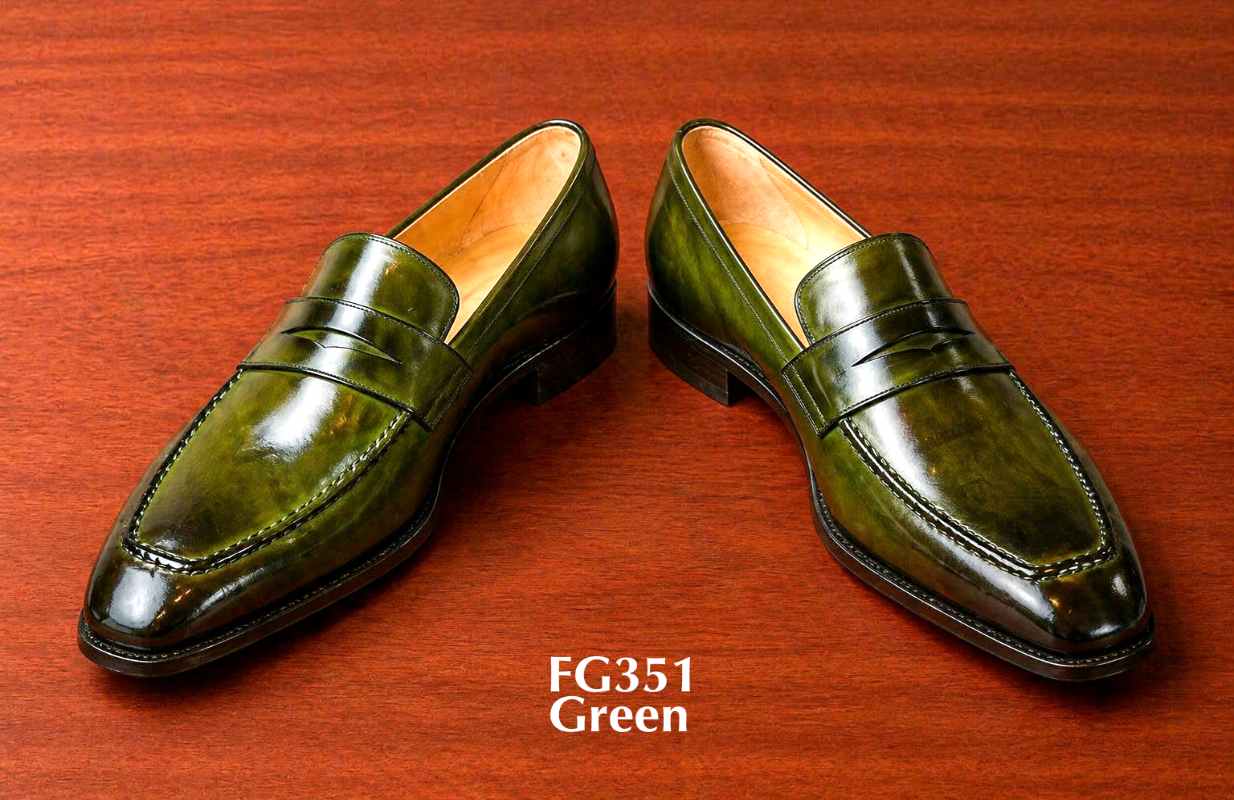 Men’s Green Patina Leather Penny Loafers High Shine Dress Shoes