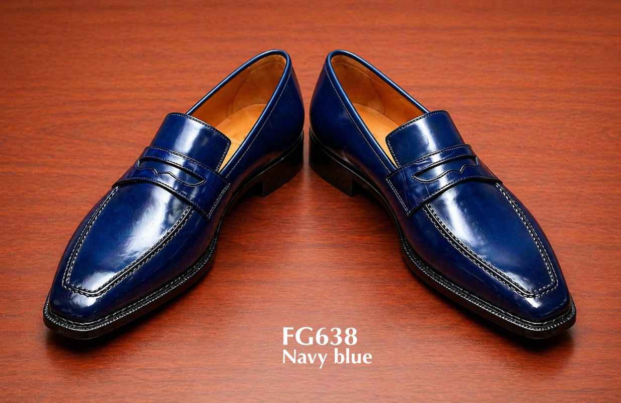 Navy Blue High Shine Leather Penny Loafers Square Apron Toe Slip On Dress Shoes