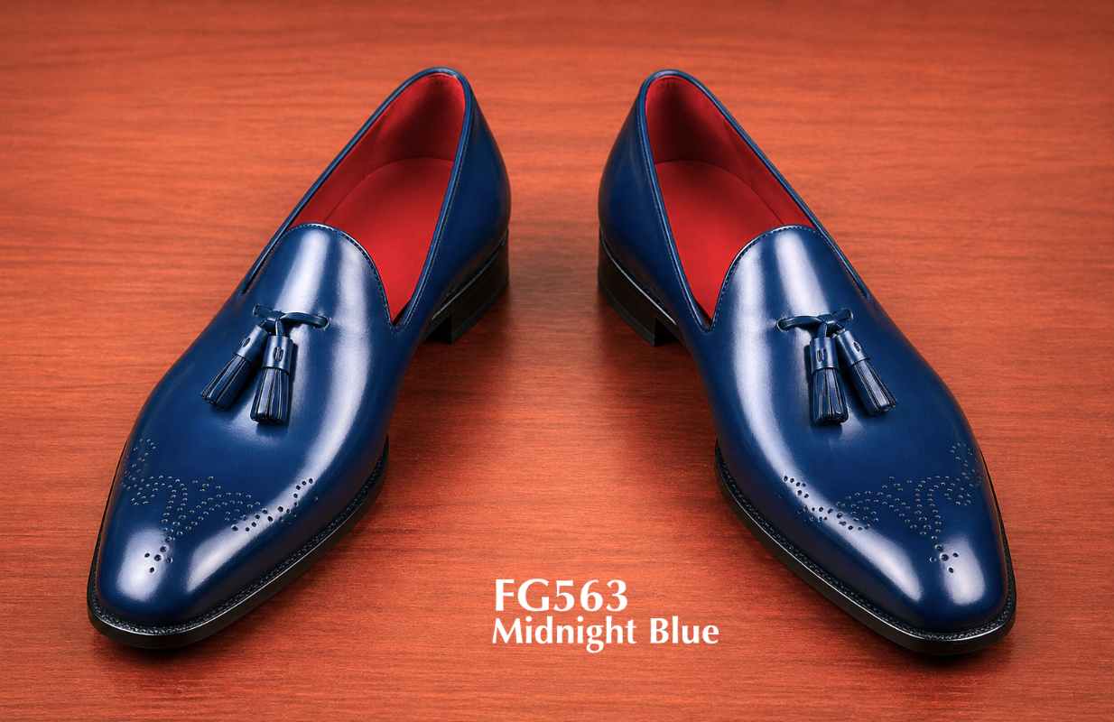 Midnight Blue Leather Tassel Loafers Handmade Formal Slip-On-Shoes