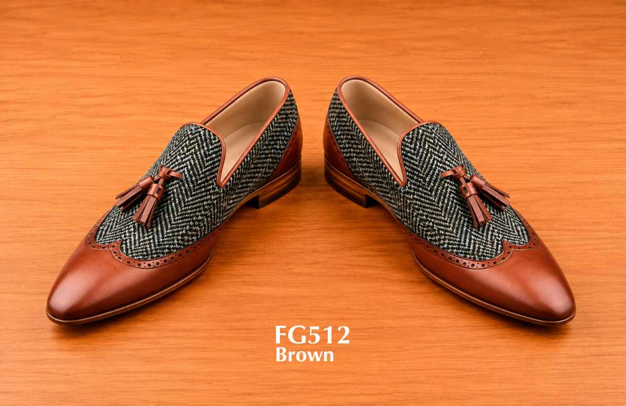 herringbone tweed leather tassel brown loafers